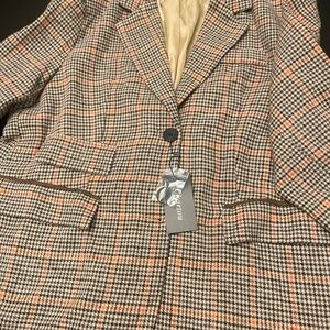 Men's wear Checkered Blazer - Brown, White, and Orange with elbow patches.
